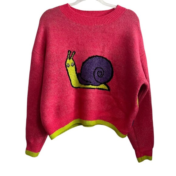 ZARA PINK SNAIL SWEATER WOMENS LARGE GREEN PURPLE STRIPE LOOSE FIT KNIT PULLOVER - Picture 2 of 8